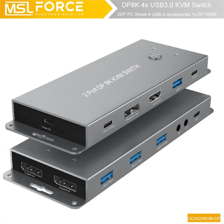 4K 8K DisplayPort USB KVM Switch With USB3.0 HUB And Power Supply